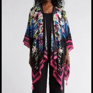 Vince Camuto Floral Shawl with Pink Trim Fringe Tassel Wrap Poncho Cape Scarf